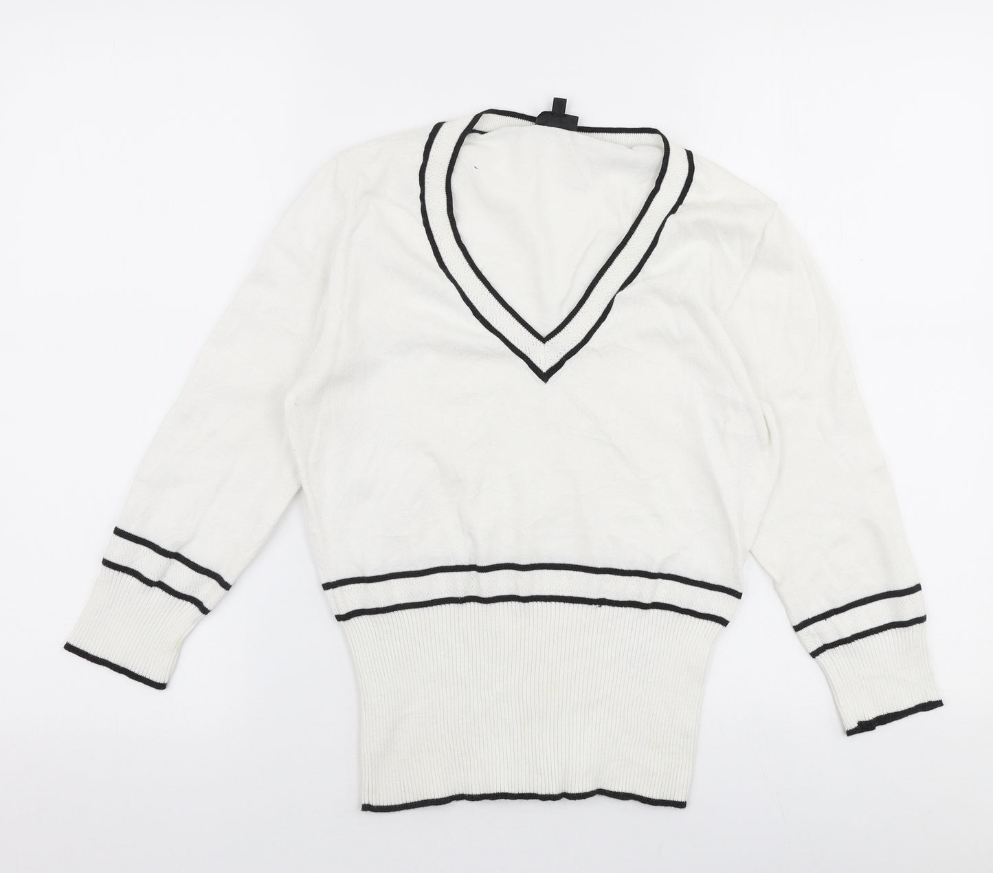 HIJKLM Womens White V-Neck  Cotton Pullover Jumper Size M