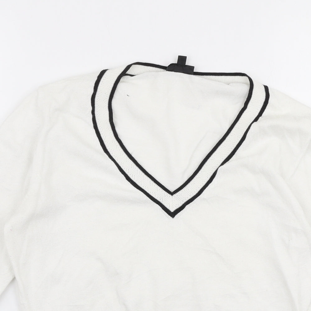HIJKLM Womens White V-Neck  Cotton Pullover Jumper Size M