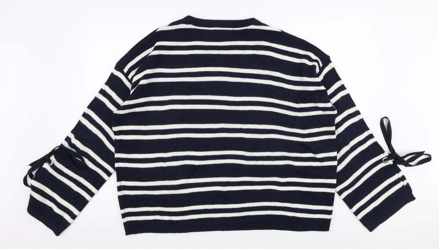 Papaya Womens Blue Round Neck Striped Acrylic Pullover Jumper Size XL