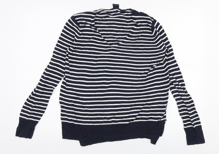 Gap Womens Blue V-Neck Striped 100% Cotton Pullover Jumper Size M