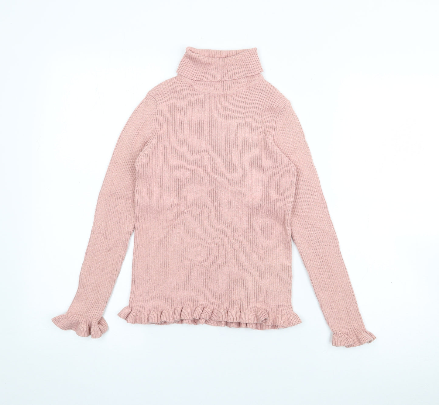 Marks and Spencer Girls Pink Roll Neck  Cotton Pullover Jumper Size 9-10 Years