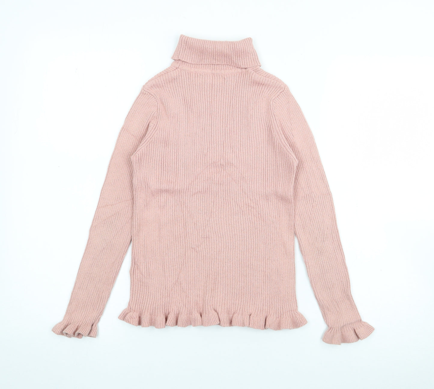 Marks and Spencer Girls Pink Roll Neck  Cotton Pullover Jumper Size 9-10 Years