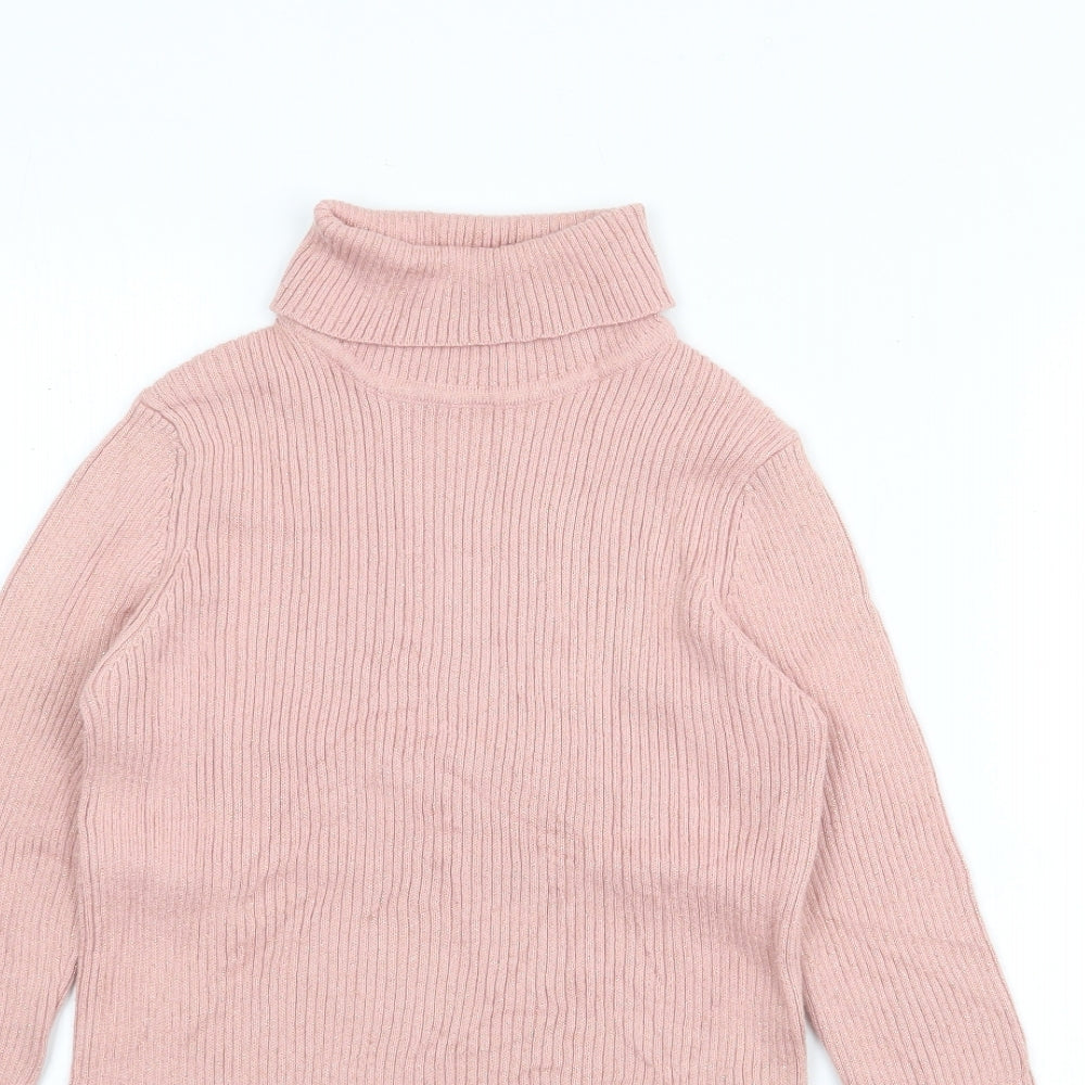 Marks and Spencer Girls Pink Roll Neck  Cotton Pullover Jumper Size 9-10 Years