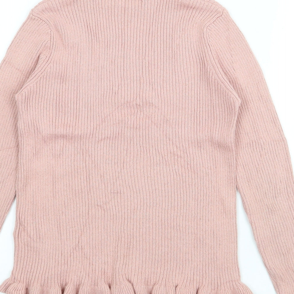 Marks and Spencer Girls Pink Roll Neck  Cotton Pullover Jumper Size 9-10 Years