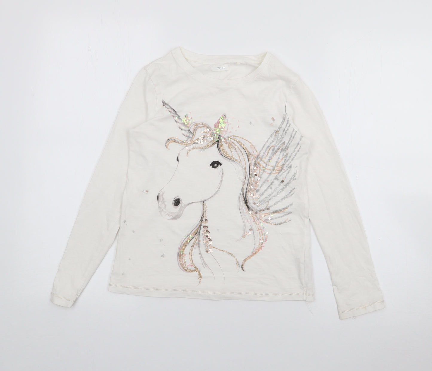NEXT Girls Ivory  Cotton Basic T-Shirt Size 9 Years Crew Neck  - Unicorn