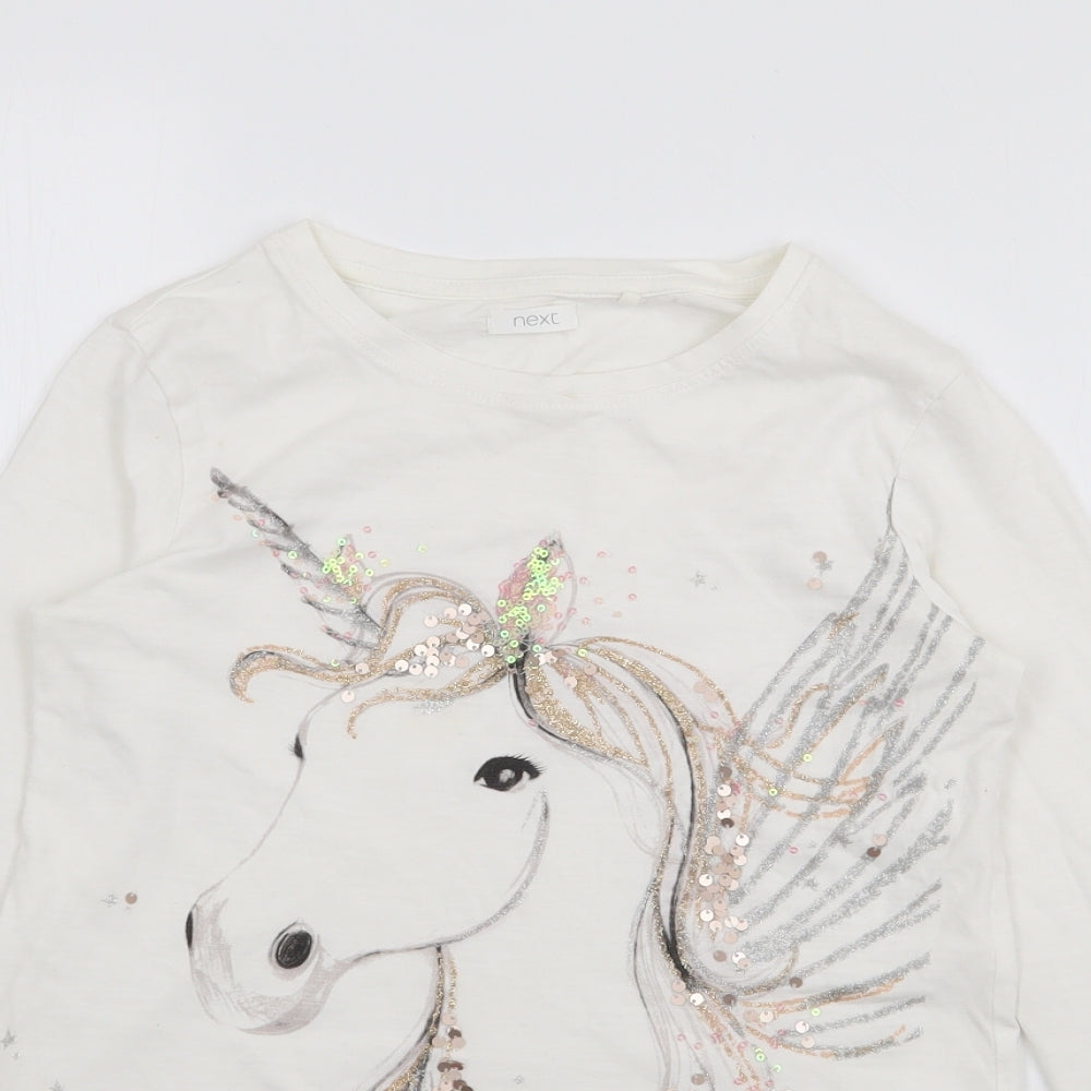 NEXT Girls Ivory  Cotton Basic T-Shirt Size 9 Years Crew Neck  - Unicorn