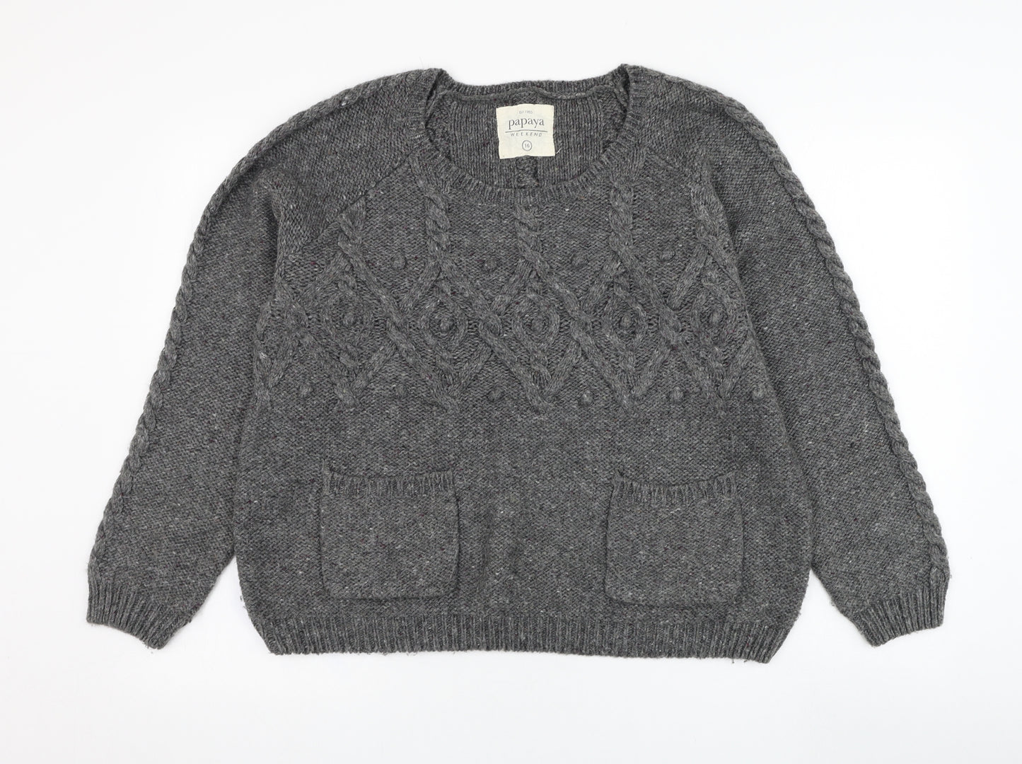 Papaya Womens Grey Round Neck  Acrylic Pullover Jumper Size 16