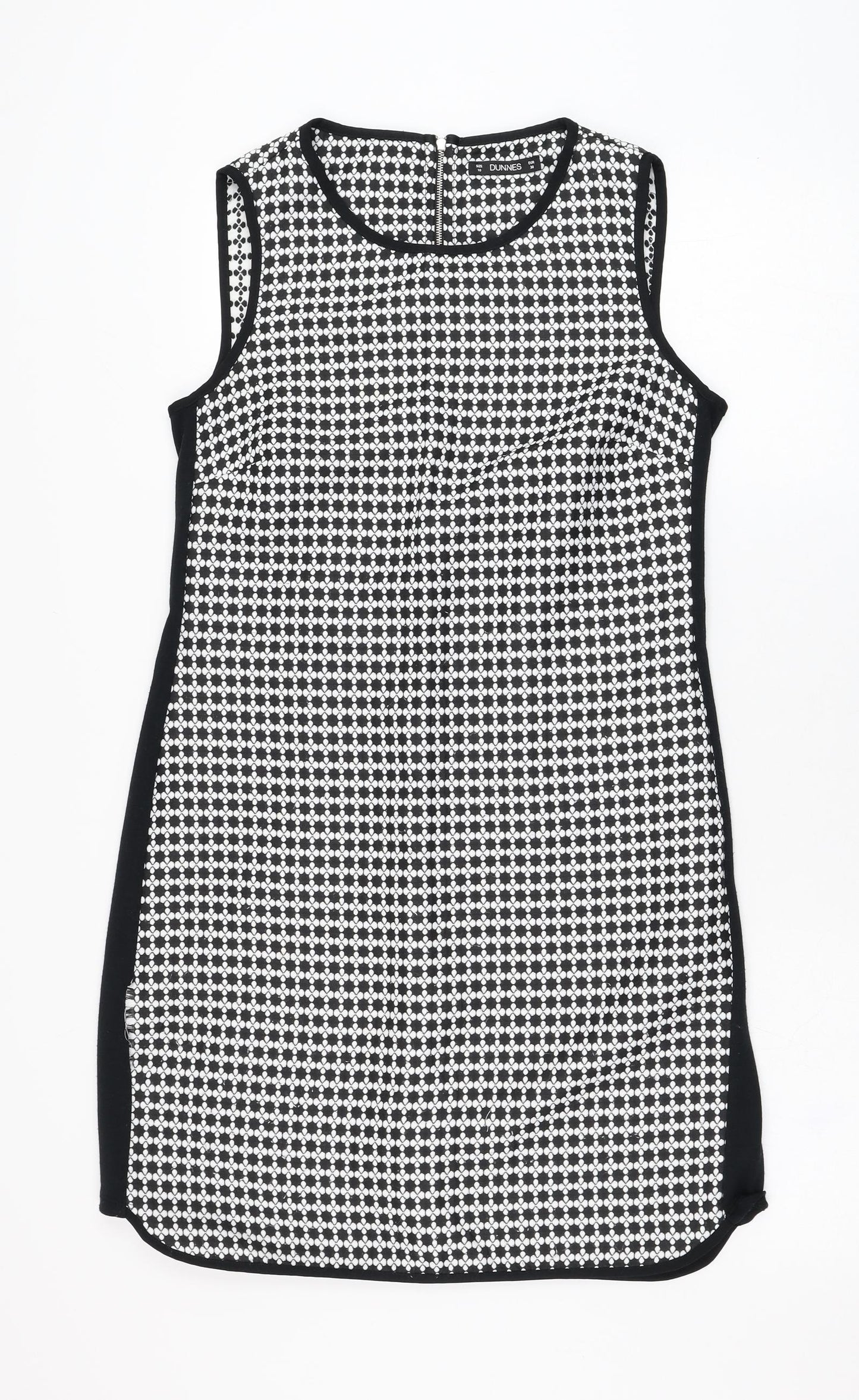 Dunnes Stores Womens Black Geometric Polyester Shift  Size 10  Round Neck Zip
