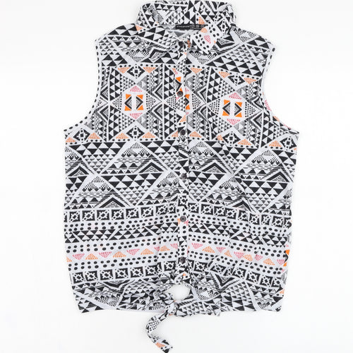 Atmosphere Womens White Geometric Polyester Basic Button-Up Size 8 Collared