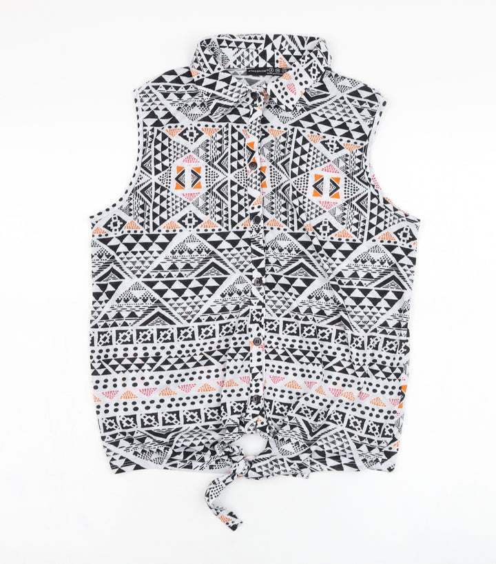 Atmosphere Womens White Geometric Polyester Basic Button-Up Size 8 Collared