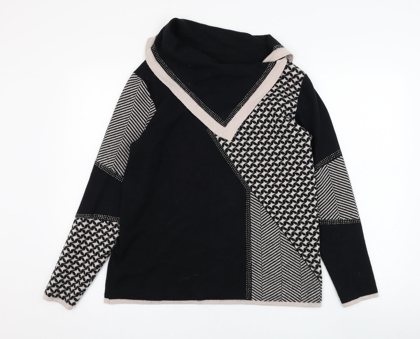 Passioni Womens Black Roll Neck Geometric Viscose Pullover Jumper Size M