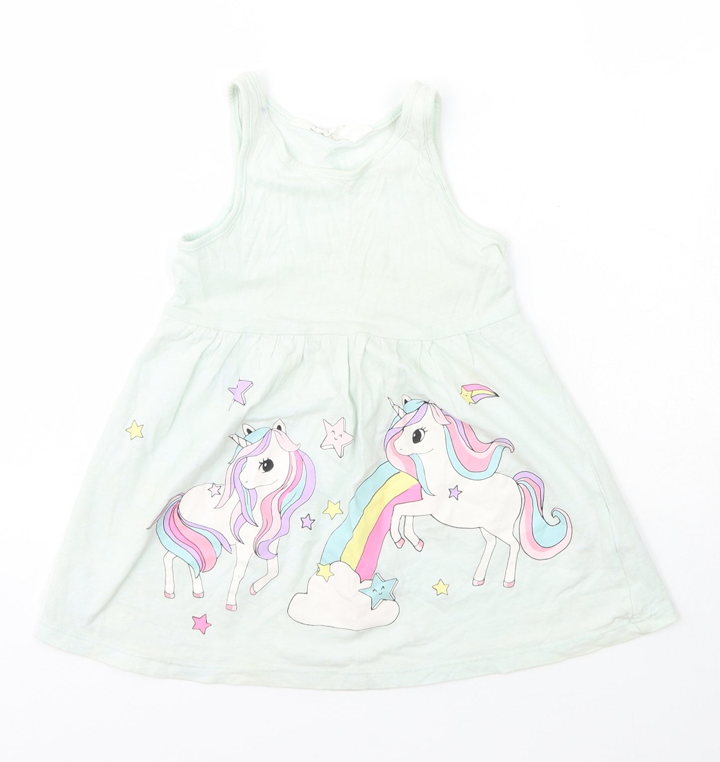 H&M Girls Green  Cotton A-Line  Size 2 Years  Scoop Neck Pullover - Unicorn