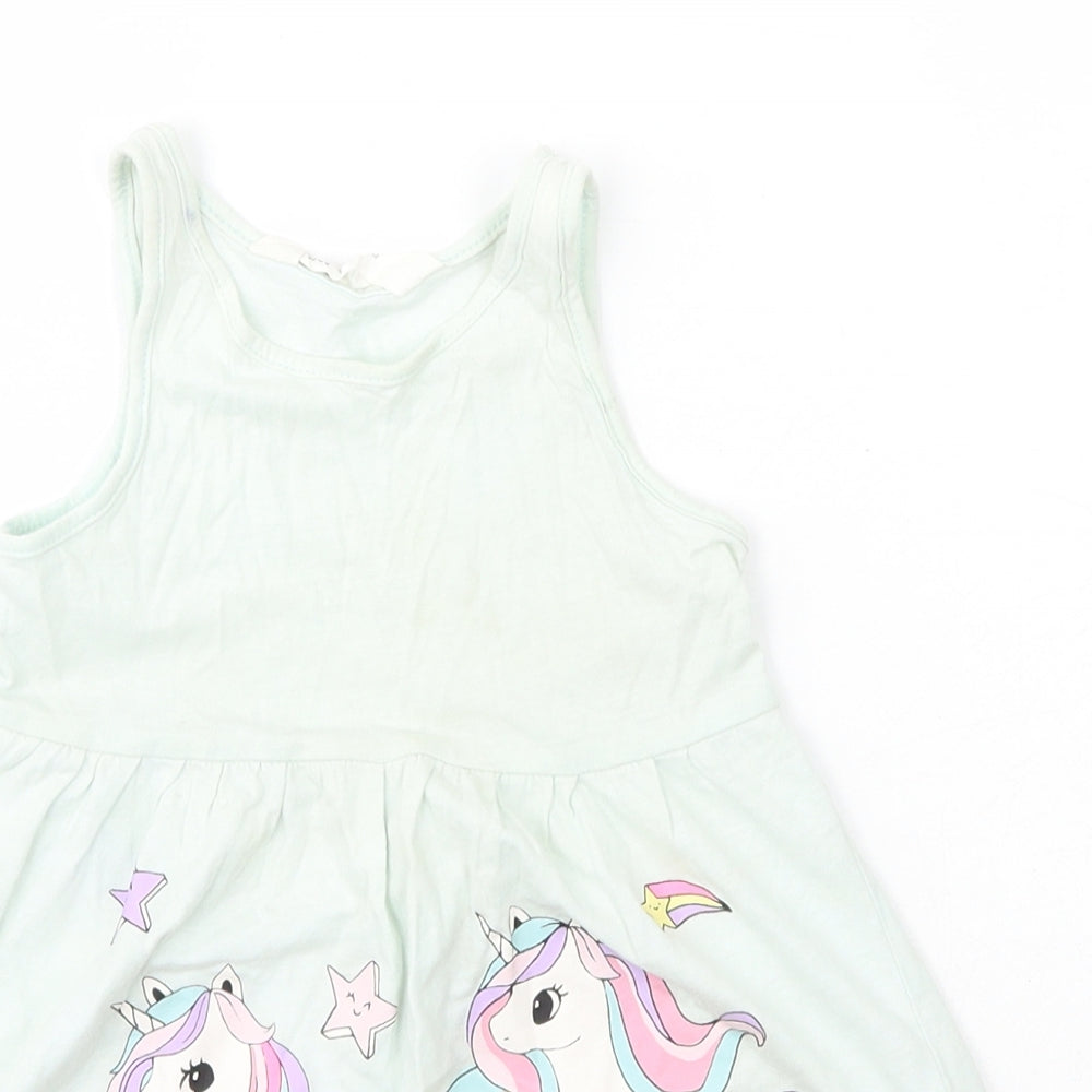 H&M Girls Green  Cotton A-Line  Size 2 Years  Scoop Neck Pullover - Unicorn