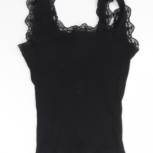 SheIn Womens Black  Cotton Basic T-Shirt Size XS Scoop Neck - Lace