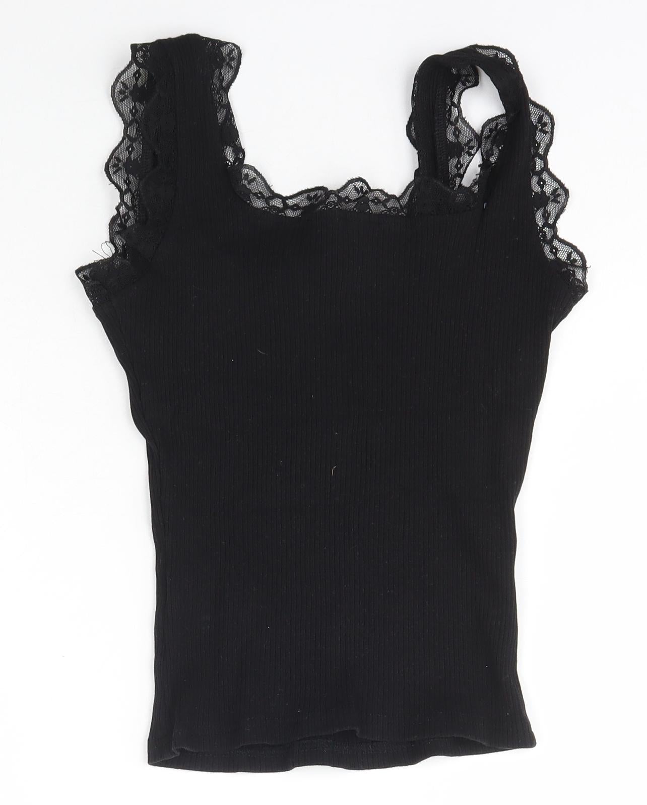 SheIn Womens Black  Cotton Basic T-Shirt Size XS Scoop Neck - Lace