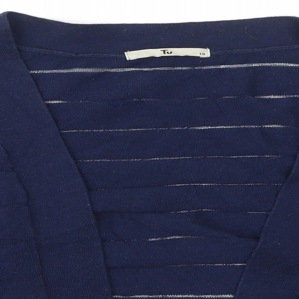 TU Womens Blue Collared Striped Cotton Cardigan Jumper Size 10