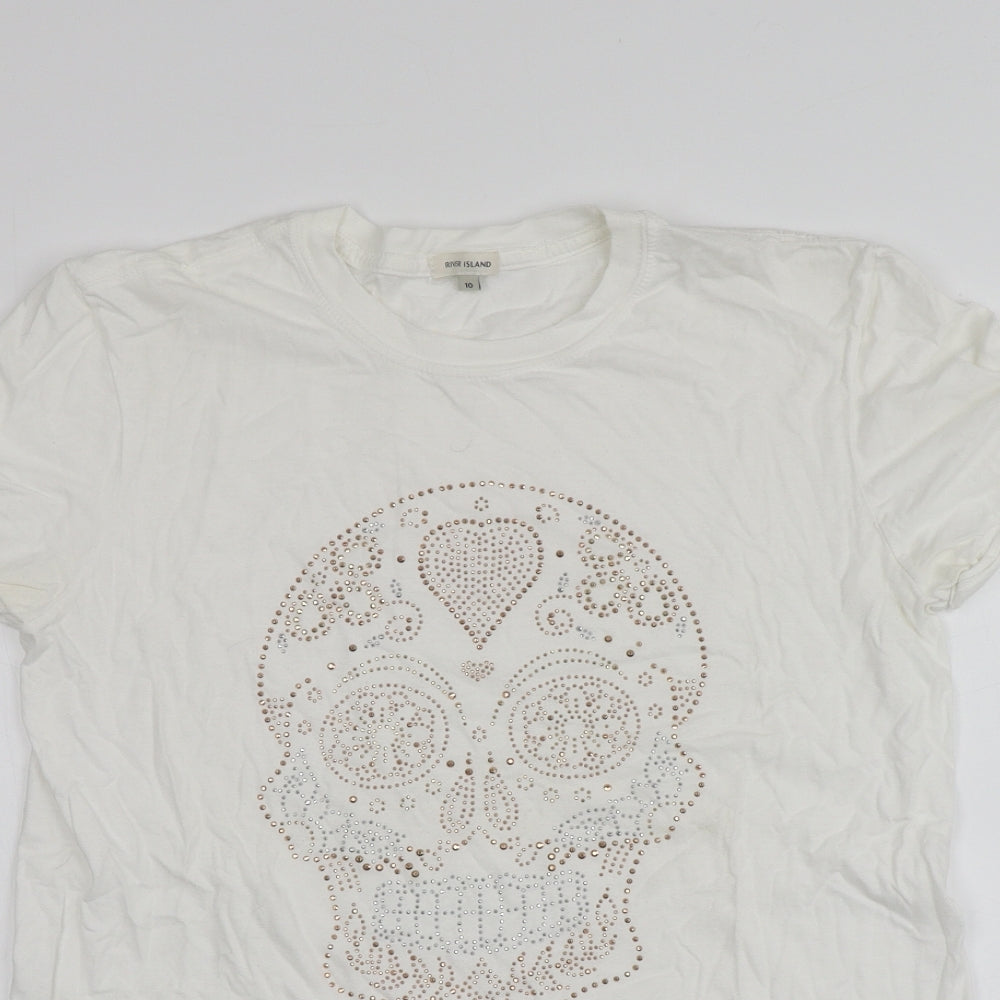 River Island Womens Ivory Geometric 100% Cotton Basic T-Shirt Size 10 Round Neck