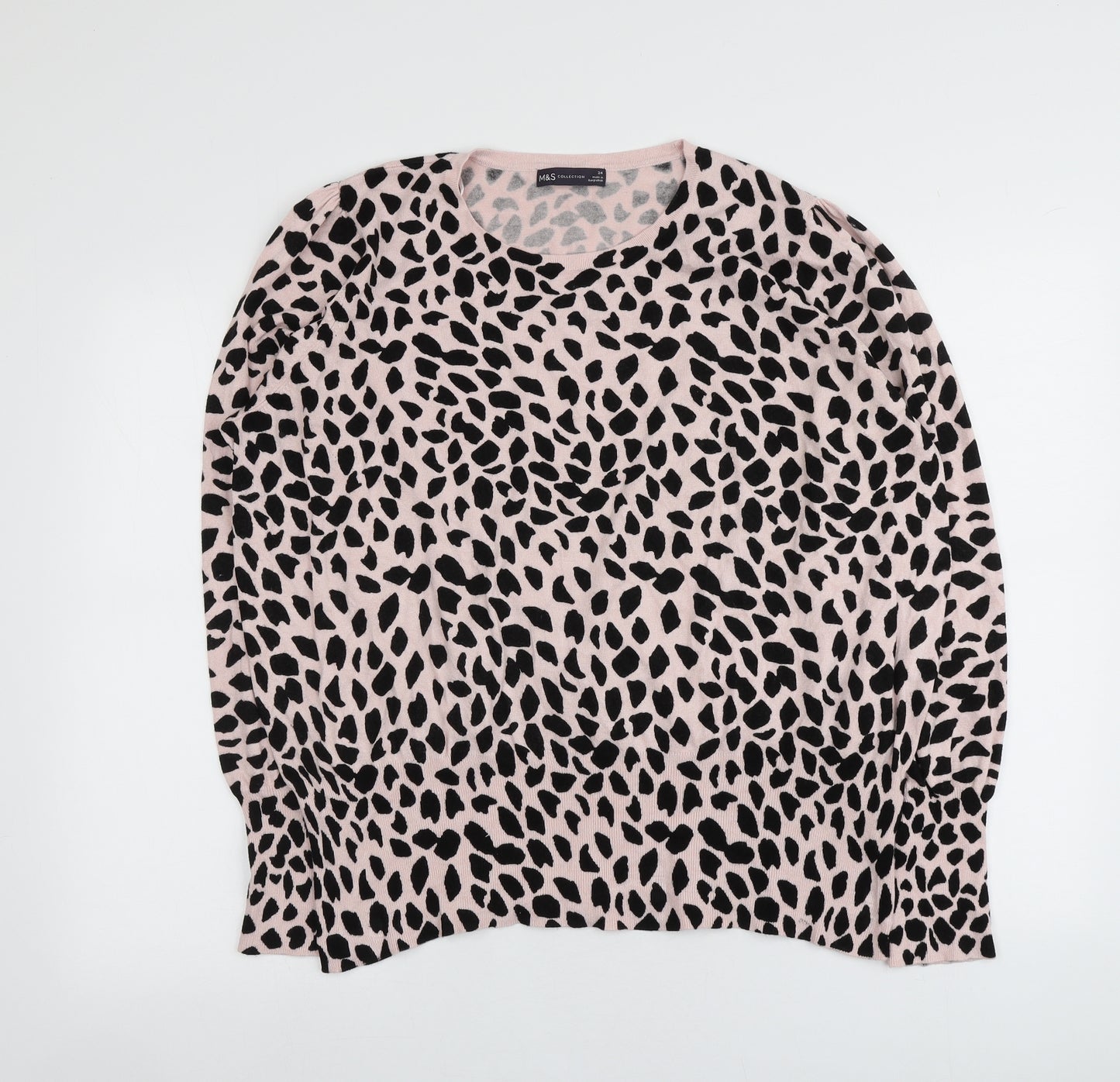 M&S Womens Pink Round Neck Animal Print Viscose Pullover Jumper Size 24