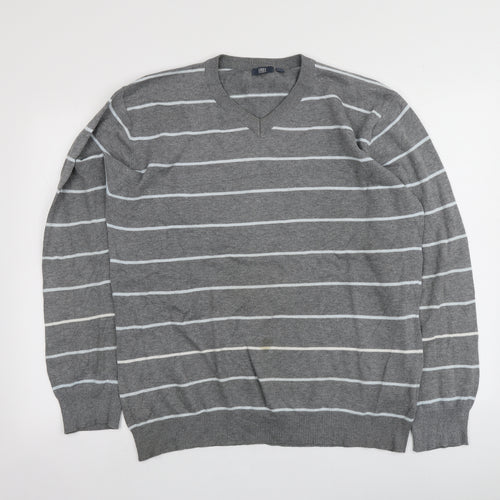 Easy Womens Grey V-Neck Striped 100% Cotton Pullover Jumper Size L