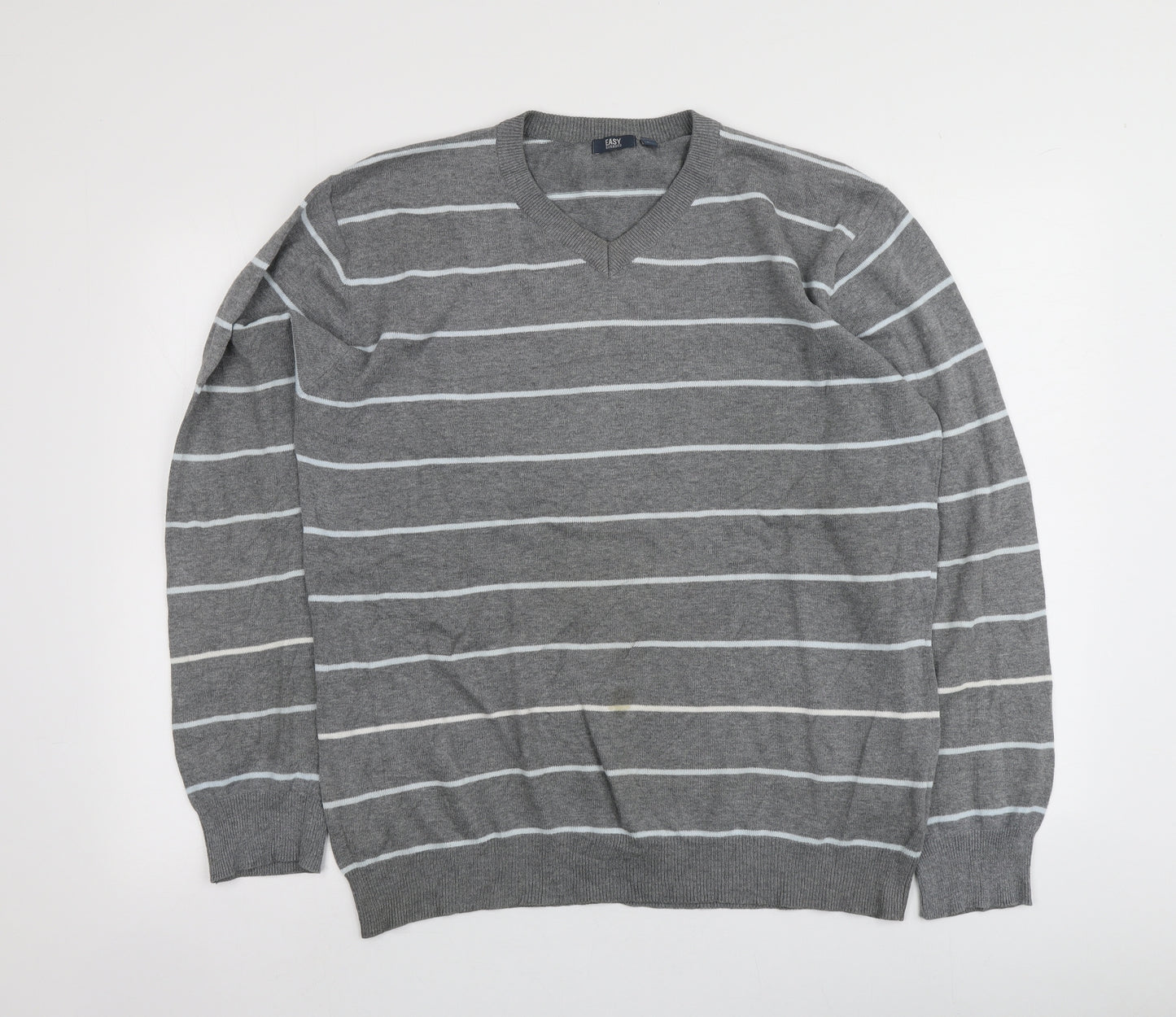 Easy Womens Grey V-Neck Striped 100% Cotton Pullover Jumper Size L
