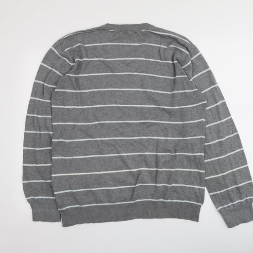 Easy Womens Grey V-Neck Striped 100% Cotton Pullover Jumper Size L