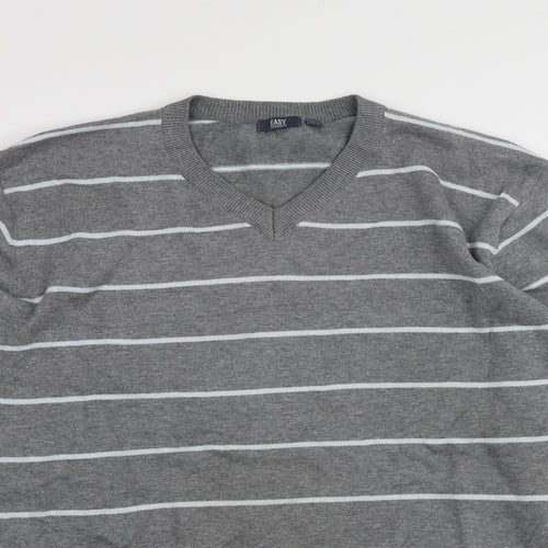 Easy Womens Grey V-Neck Striped 100% Cotton Pullover Jumper Size L