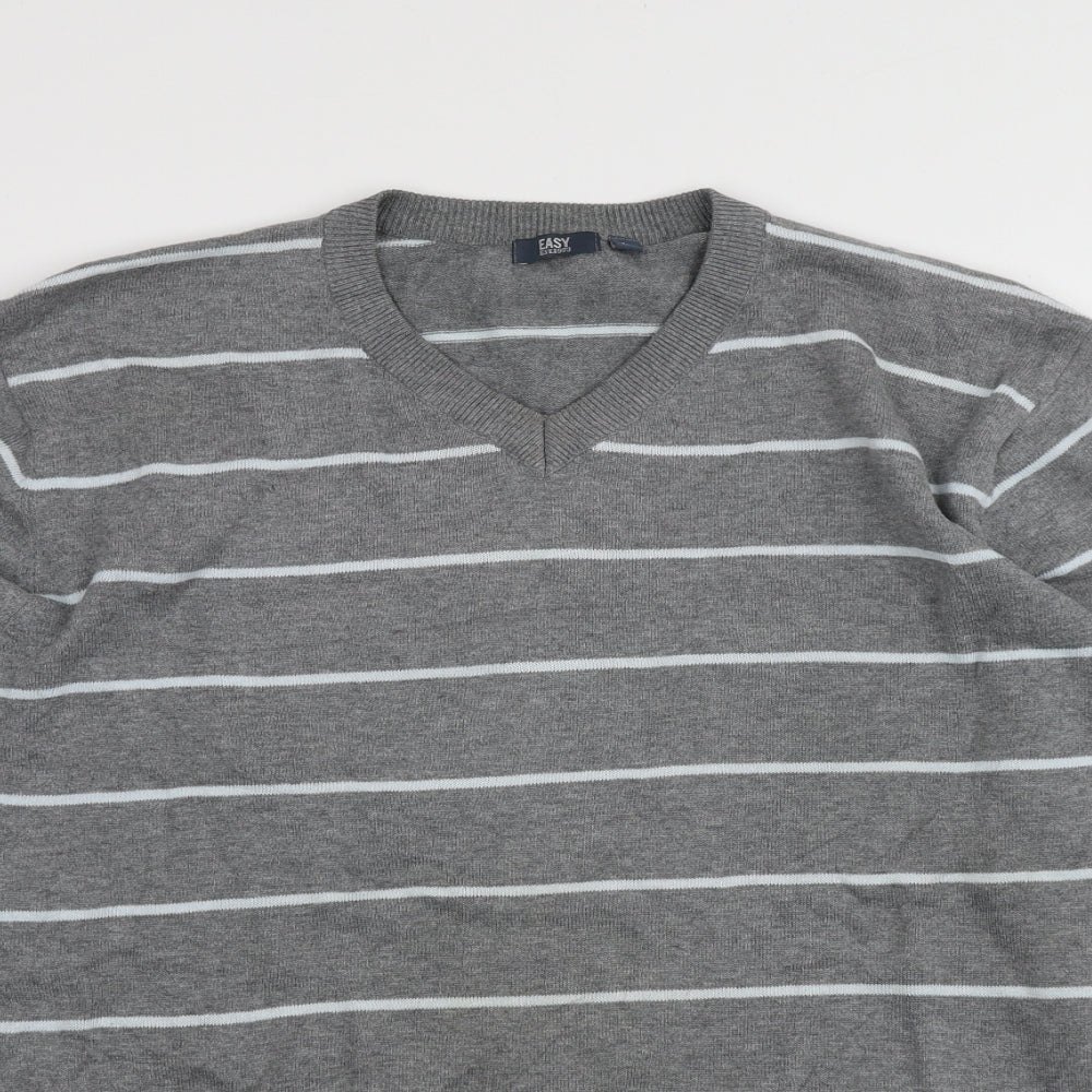 Easy Womens Grey V-Neck Striped 100% Cotton Pullover Jumper Size L