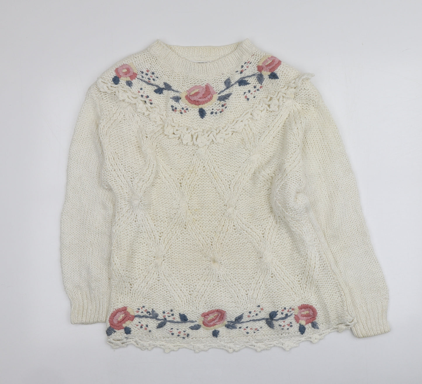 Michelle Simon Womens Ivory Round Neck Floral Ramie Pullover Jumper One Size