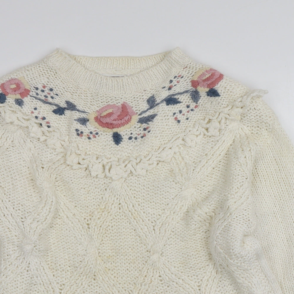 Michelle Simon Womens Ivory Round Neck Floral Ramie Pullover Jumper One Size