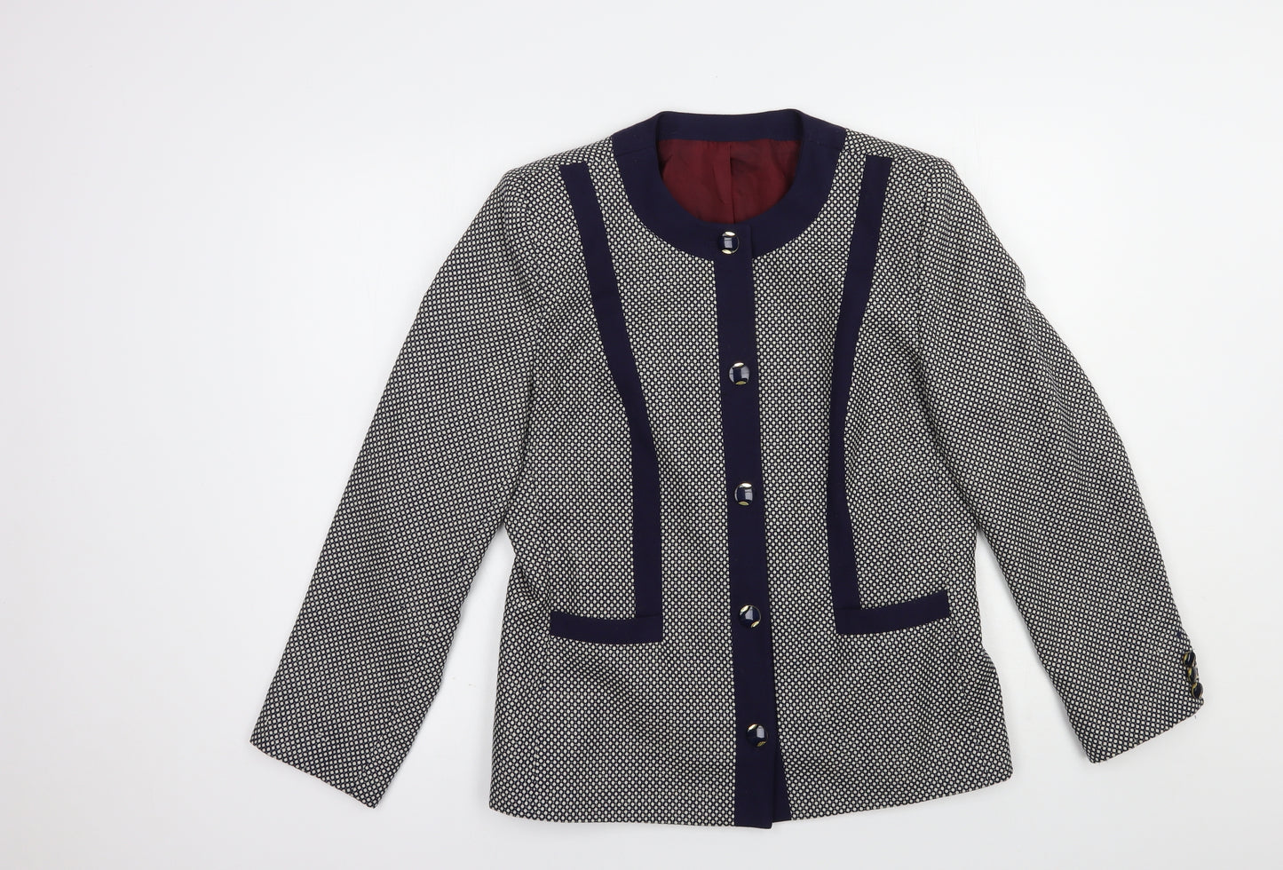 Dorene Womens Blue Geometric  Jacket Blazer Size 12  Button