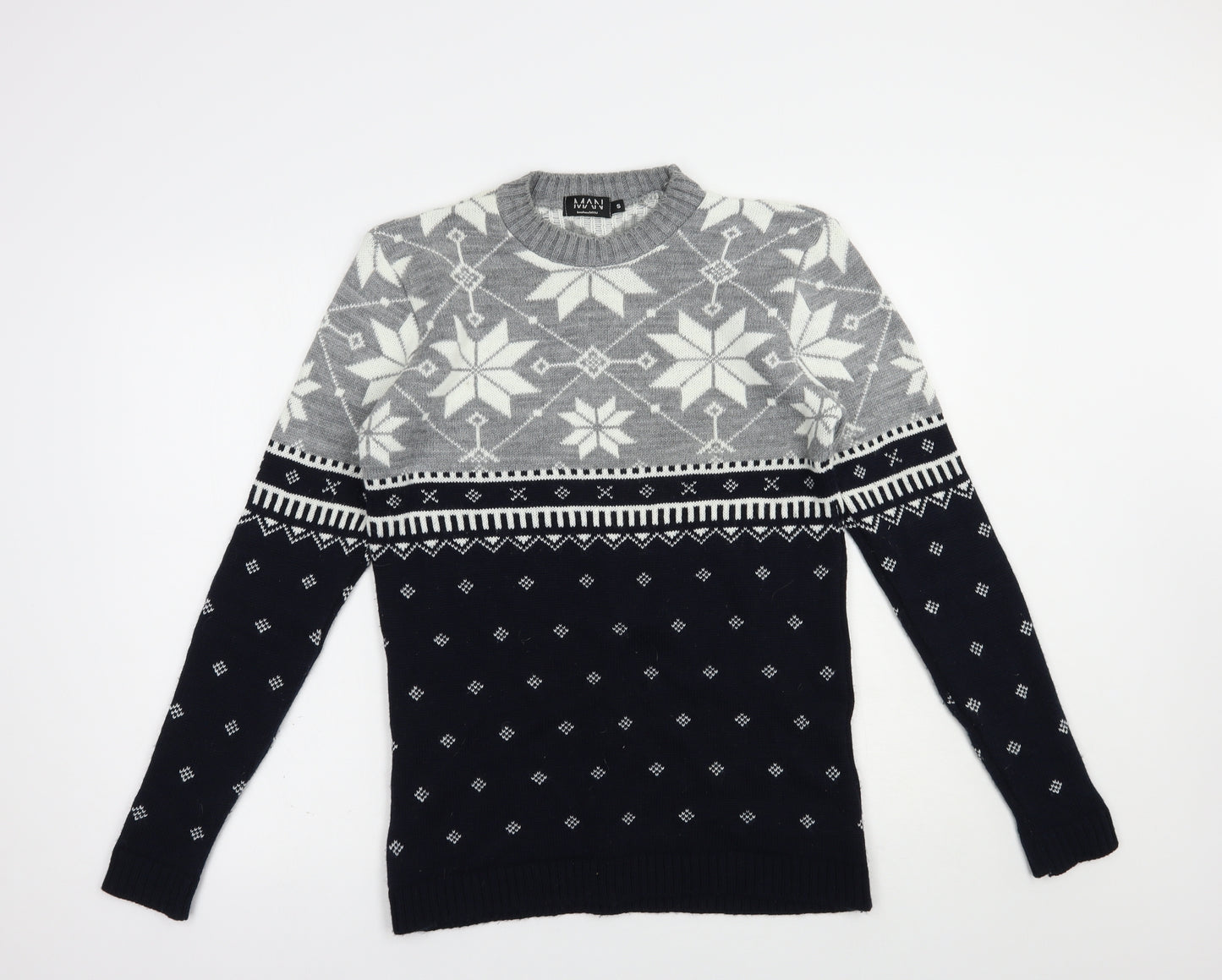Boohoo Man Mens Grey Crew Neck Fair Isle Acrylic Pullover Jumper Size S