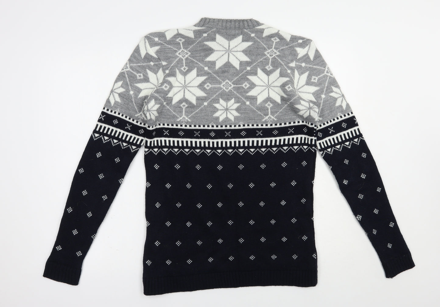 Boohoo Man Mens Grey Crew Neck Fair Isle Acrylic Pullover Jumper Size S