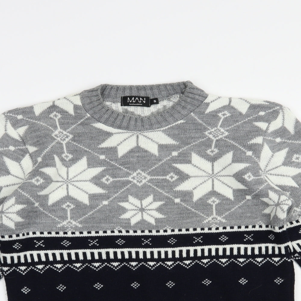 Boohoo Man Mens Grey Crew Neck Fair Isle Acrylic Pullover Jumper Size S