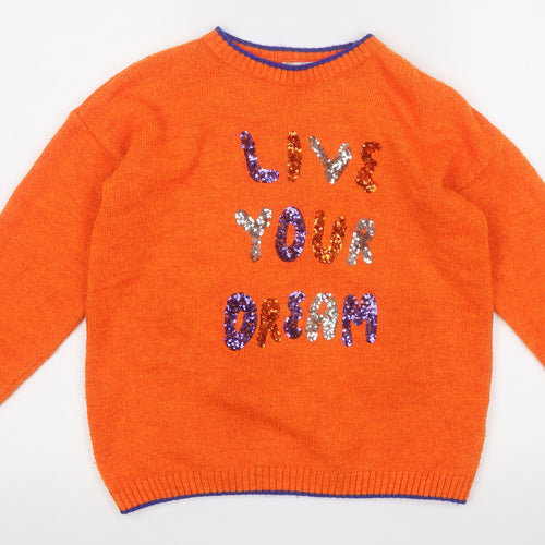 M&Co Girls Orange Round Neck  Acrylic Pullover Jumper Size 9-10 Years   - Live Your Dream,