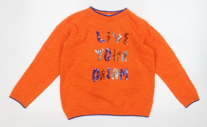 M&Co Girls Orange Round Neck  Acrylic Pullover Jumper Size 9-10 Years   - Live Your Dream,