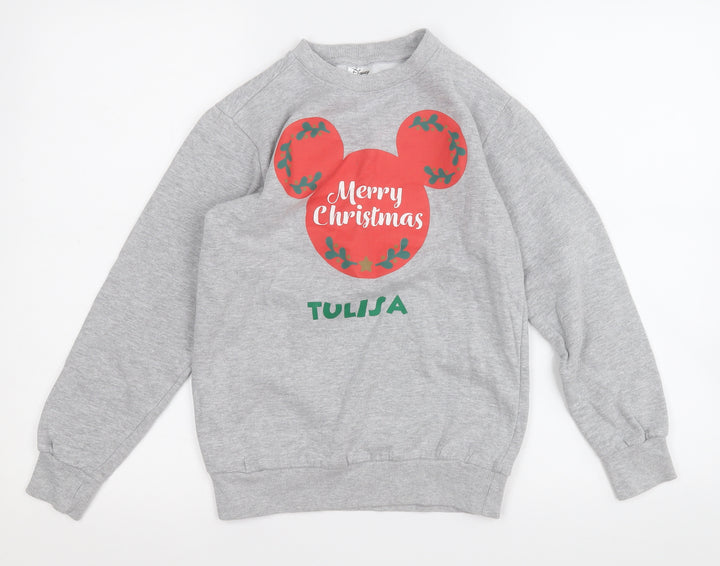 Disney Girls Grey Cotton Pullover Sweatshirt Size 10-11 Years - Mickey Mouse Christmas