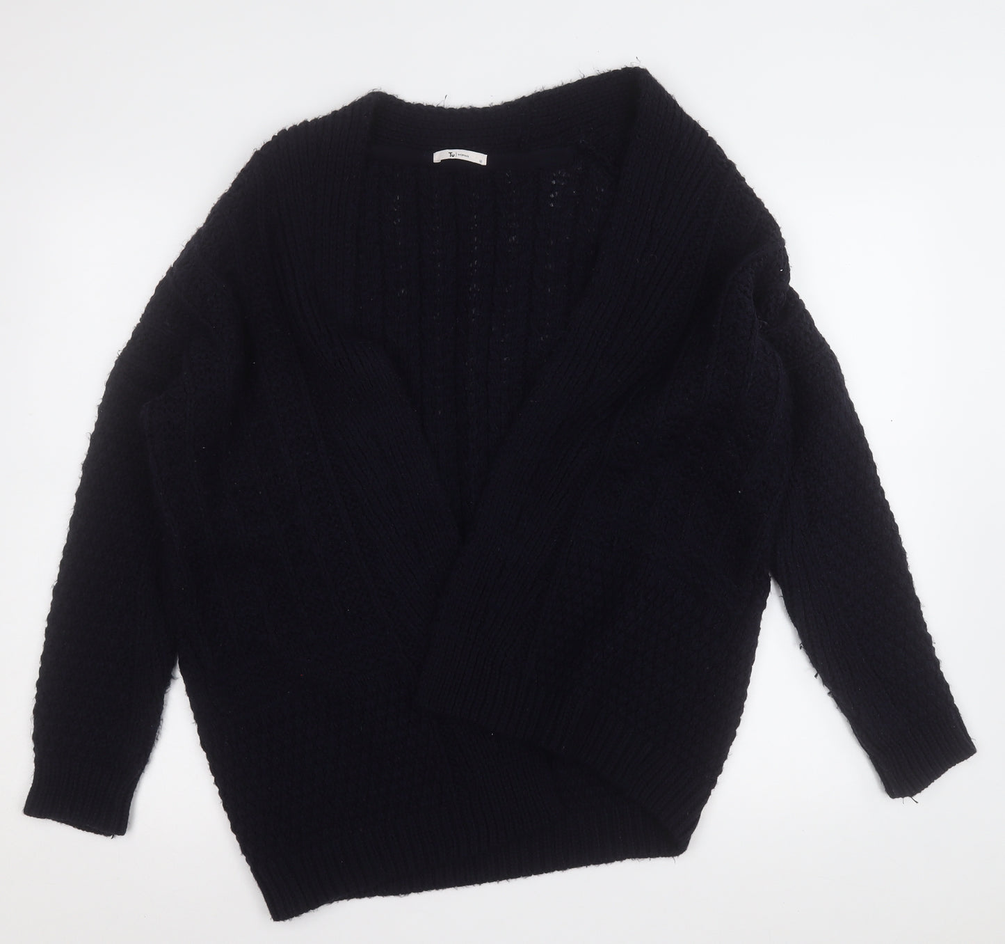 TU Womens Blue V-Neck Geometric Acrylic Cardigan Jumper Size 12
