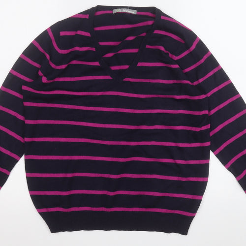 Marks and Spencer Womens Purple V-Neck Striped Acrylic Pullover Jumper Size 12