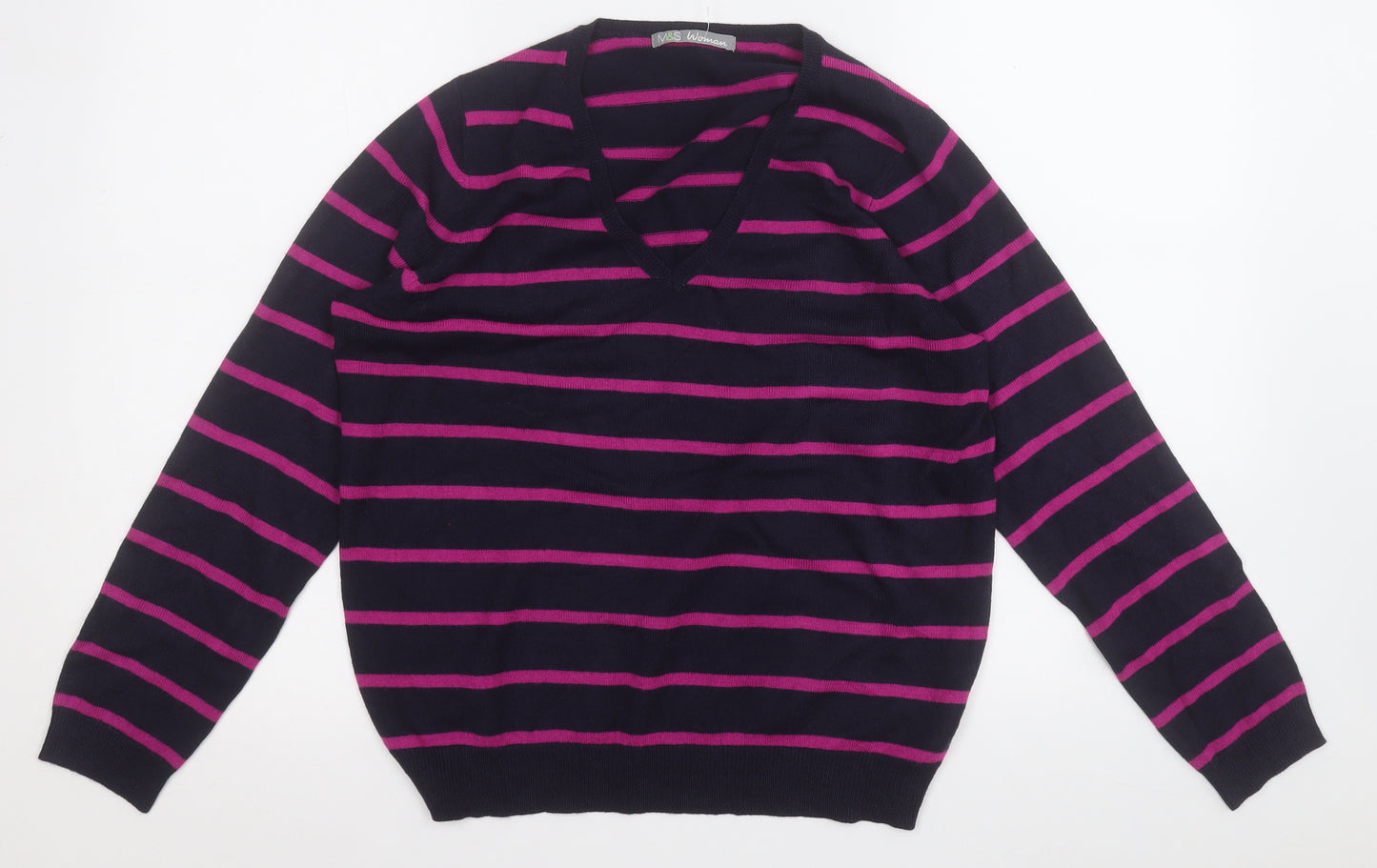 Marks and Spencer Womens Purple V-Neck Striped Acrylic Pullover Jumper Size 12