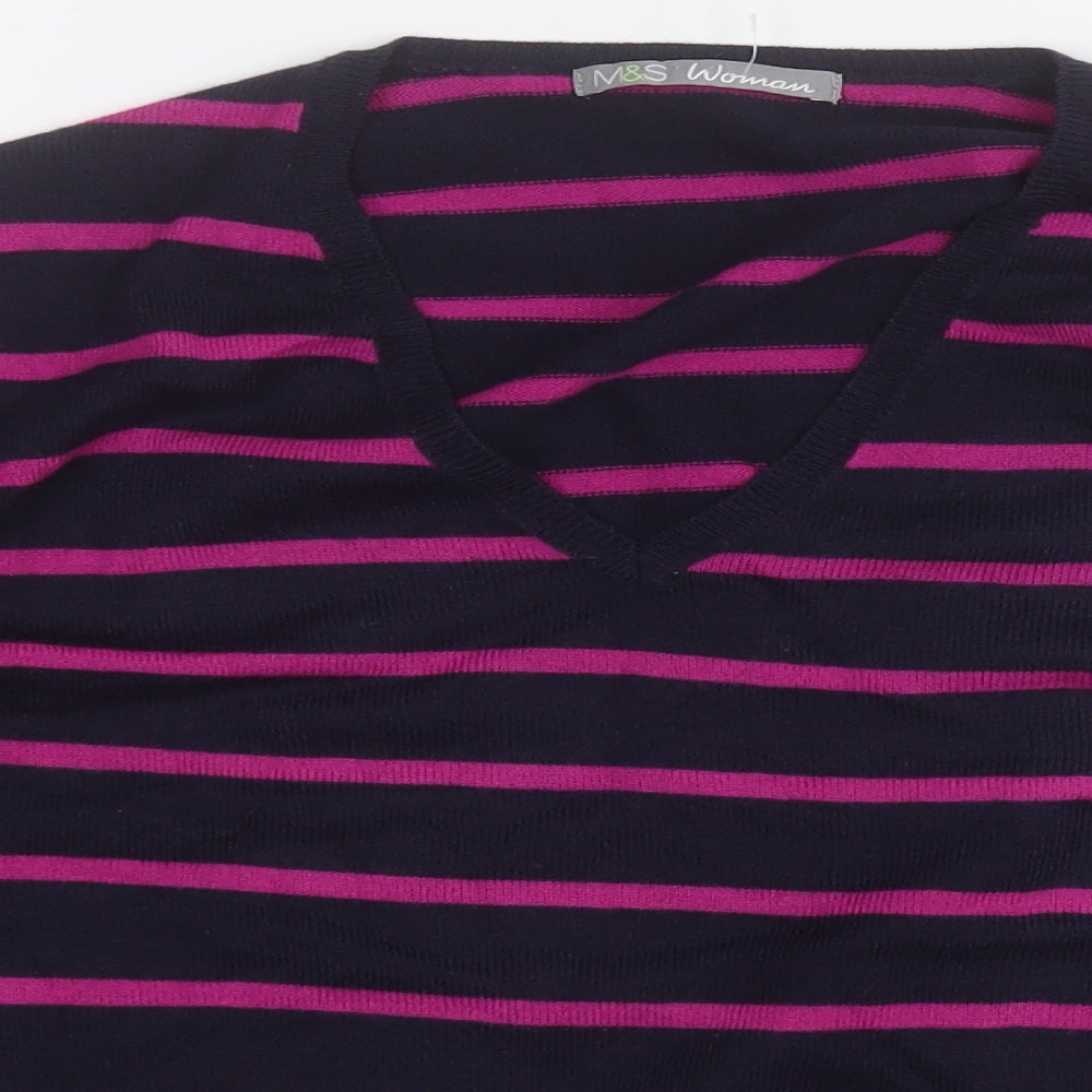 Marks and Spencer Womens Purple V-Neck Striped Acrylic Pullover Jumper Size 12