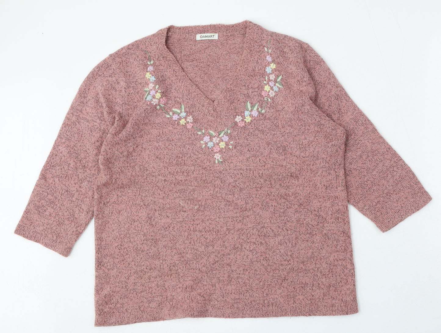 Damart Womens Pink V-Neck Floral Acrylic Pullover Jumper Size 14
