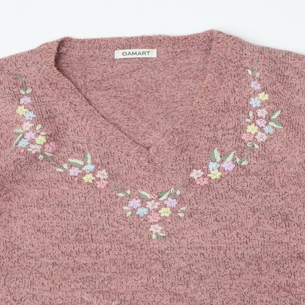 Damart Womens Pink V-Neck Floral Acrylic Pullover Jumper Size 14