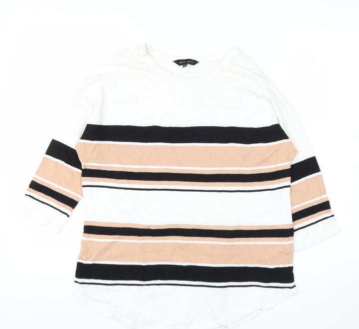 New Look Womens White Striped Cotton Basic T-Shirt Size 10 Round Neck