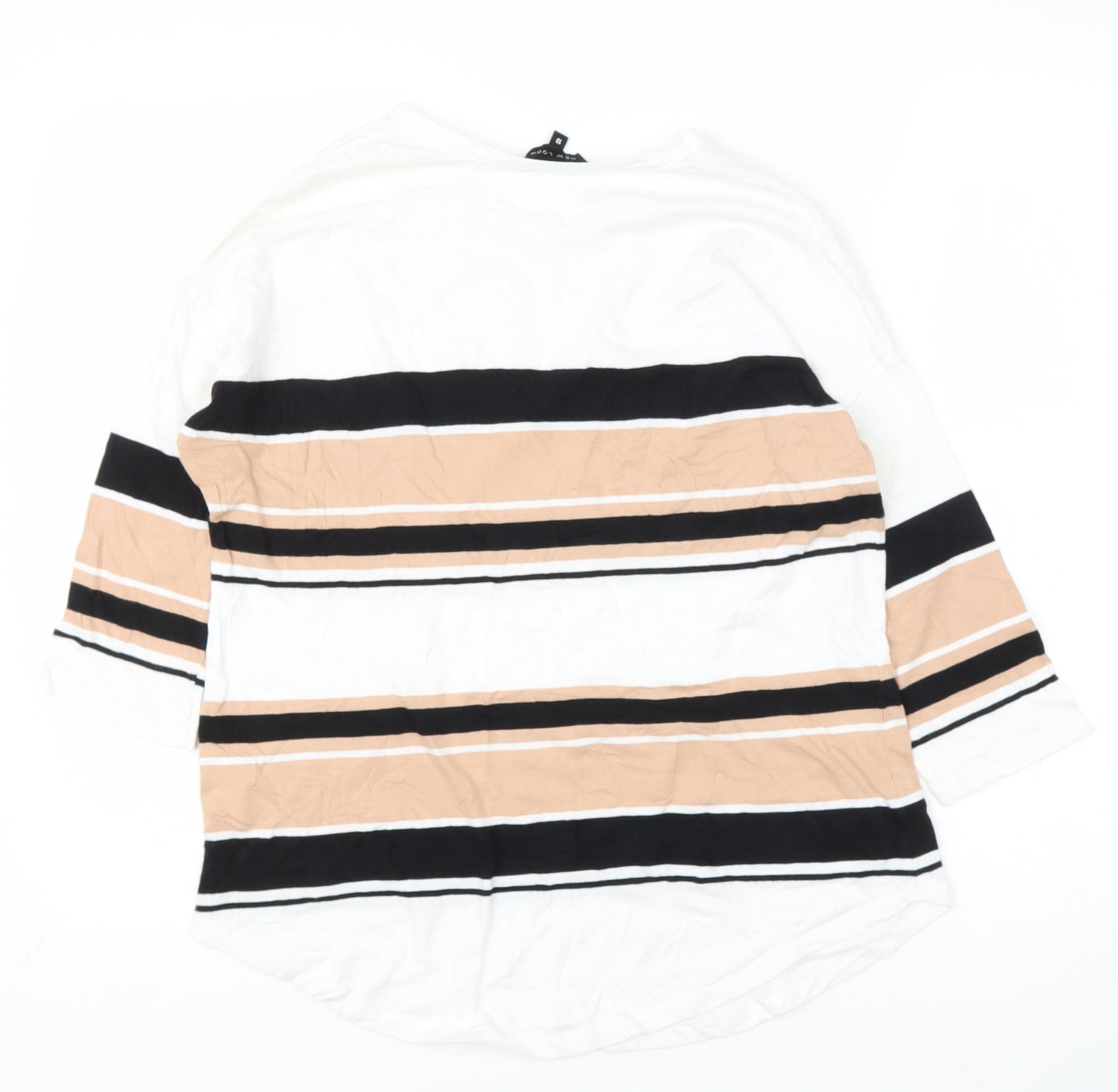 New Look Womens White Striped Cotton Basic T-Shirt Size 10 Round Neck