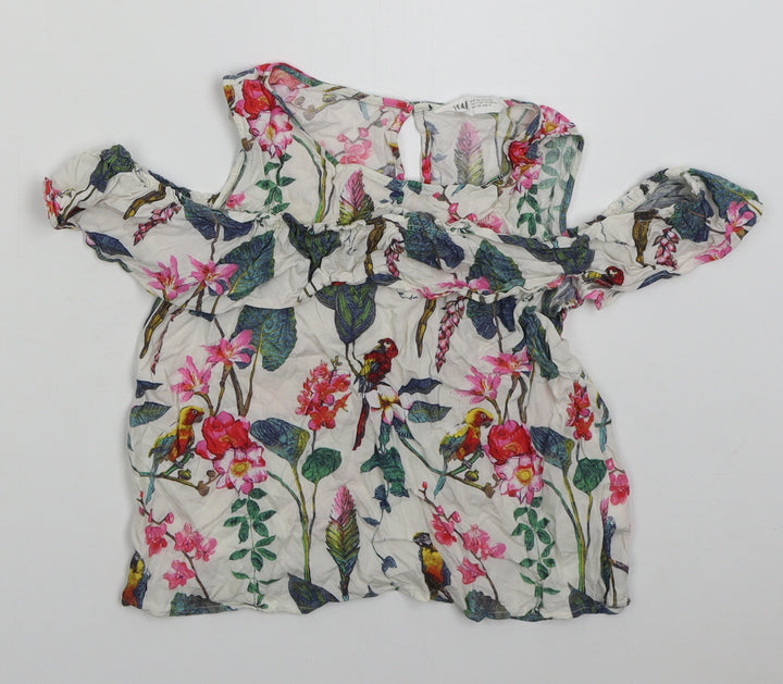 H&M Girls White Floral Viscose Basic Blouse Size 12 Years Round Neck Pullover