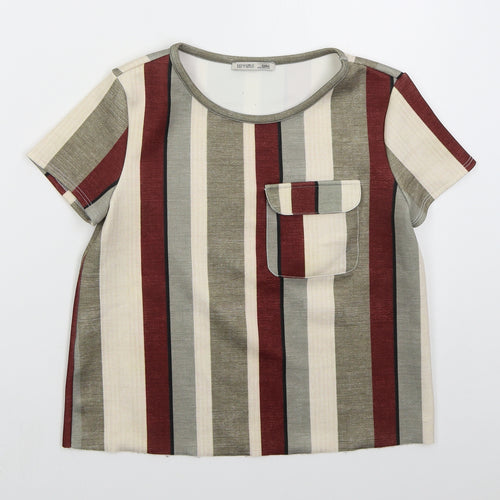 Zara Womens Grey Striped Polyester Basic T-Shirt Size S Crew Neck - Red