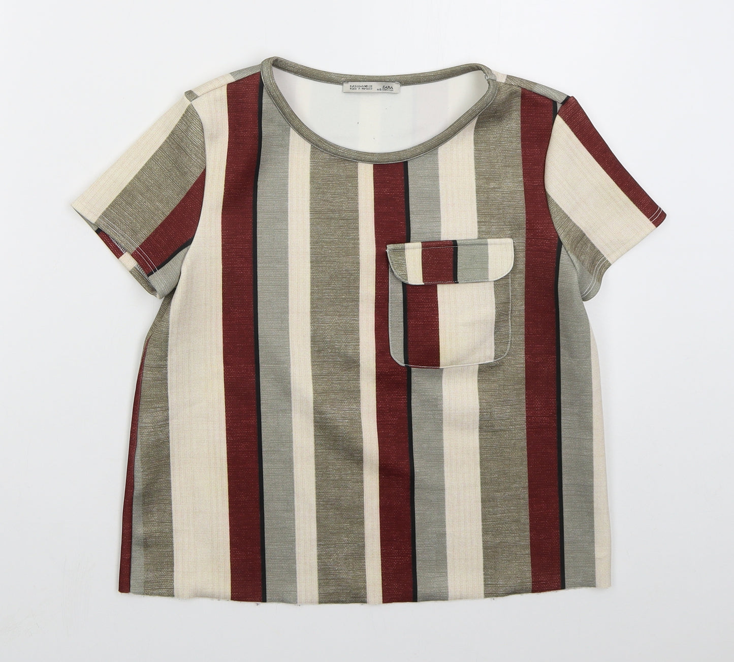 Zara Womens Grey Striped Polyester Basic T-Shirt Size S Crew Neck - Red