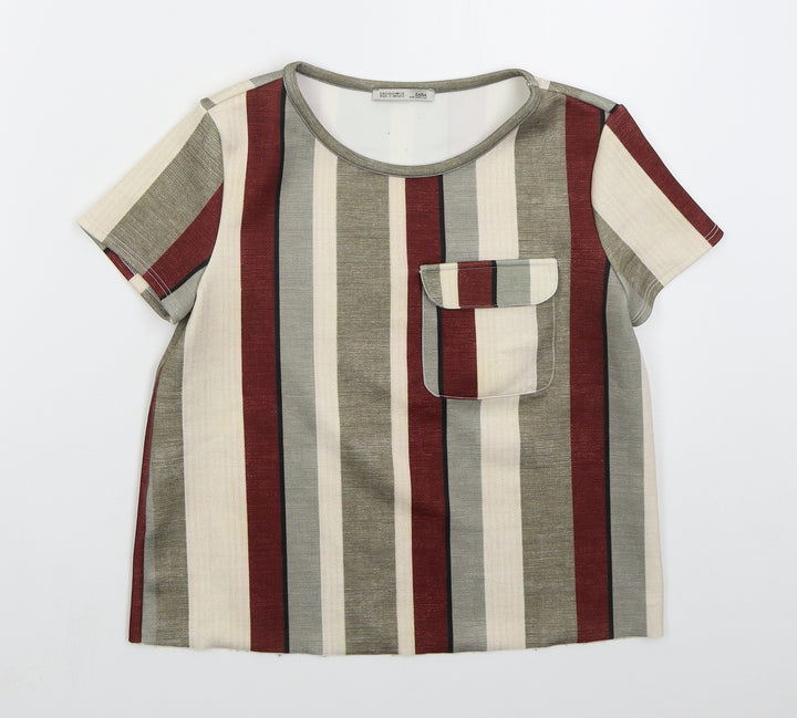 Zara Womens Grey Striped Polyester Basic T-Shirt Size S Crew Neck - Red