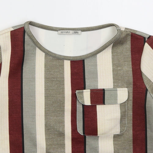 Zara Womens Grey Striped Polyester Basic T-Shirt Size S Crew Neck - Red