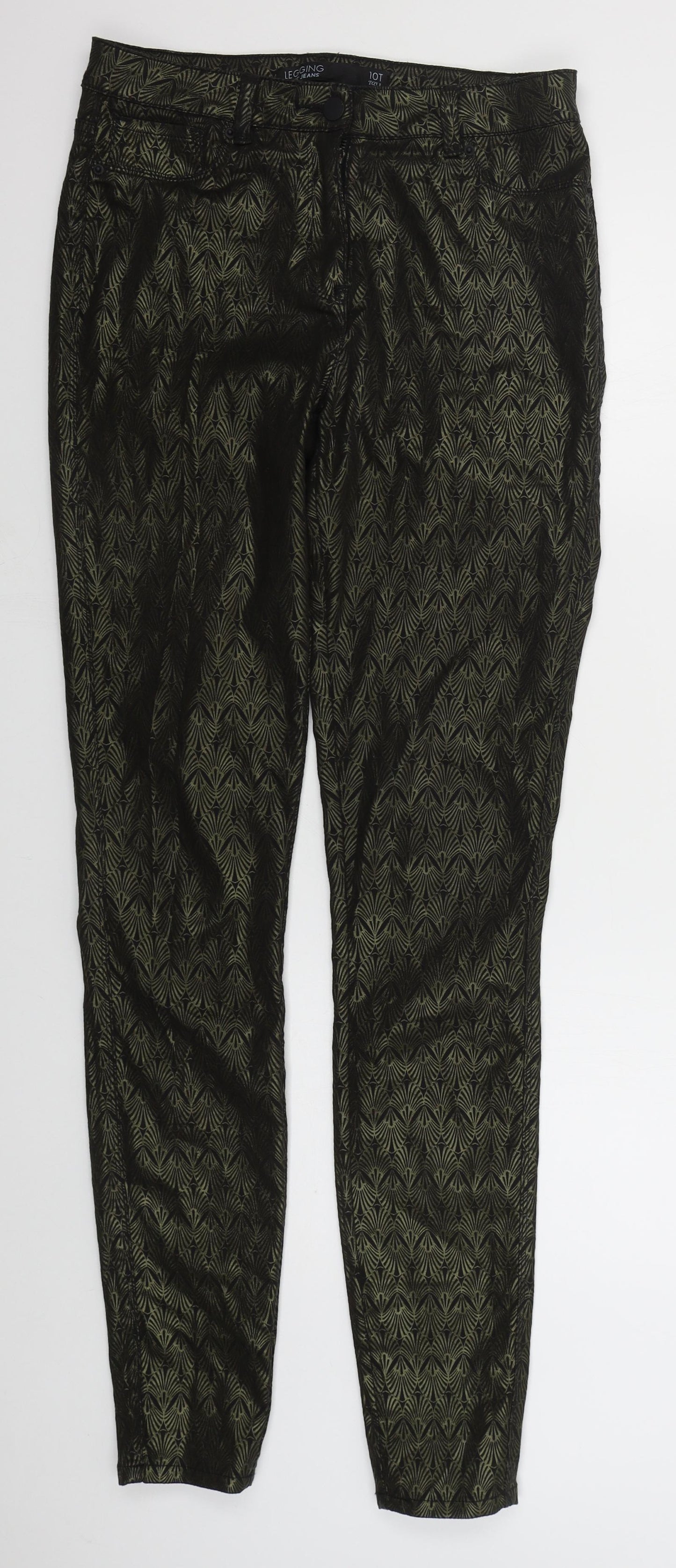 NEXT Womens Black Geometric Cotton Trousers  Size 10 L34 in Regular Button - Gold